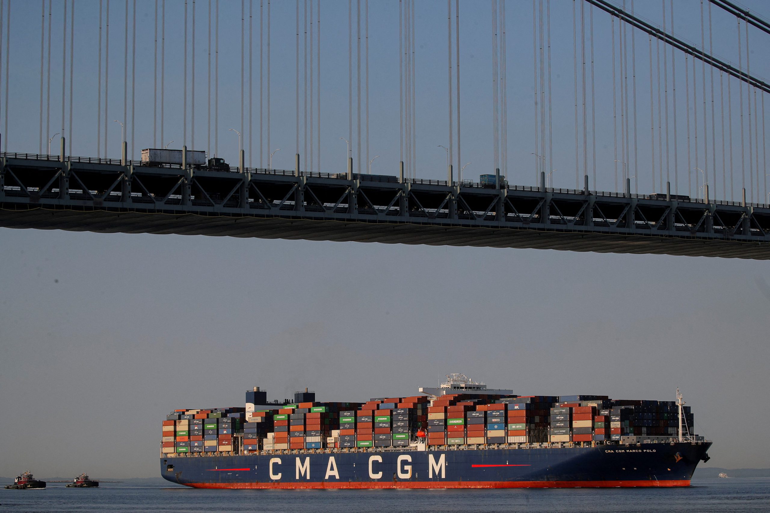 The CMA CGM Marco Polo container ship passes under the Verrazzano-Narrows Bridge, to enter New York Harbor. Photo: REUTERS/Brendan McDermid