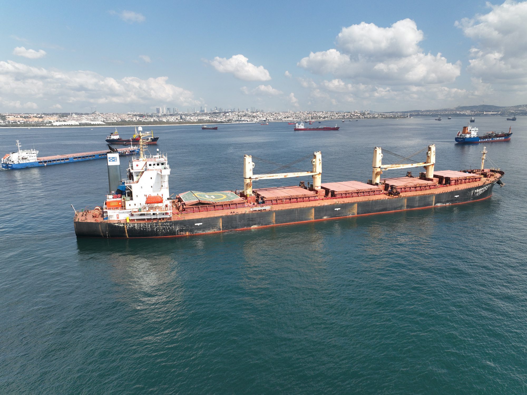 Ellie M, a Marshall Islands-flagged cargo ship carrying Ukrainian corn, waits for the inspection at the anchorage area of the Bosphorus southern entrance in Istanbul, Turkey