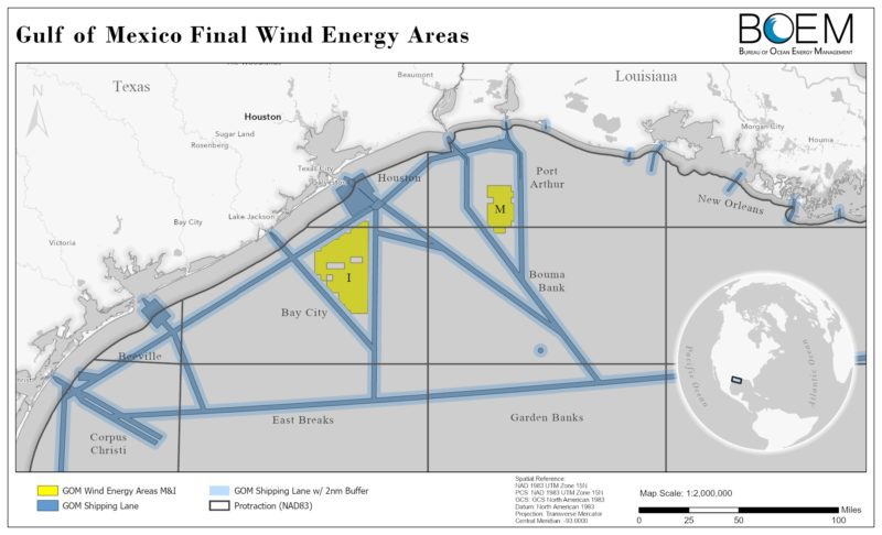 A map showing the Gulf of Mexico's designated offshore wind areas off the coast of Texas and Louisiana 