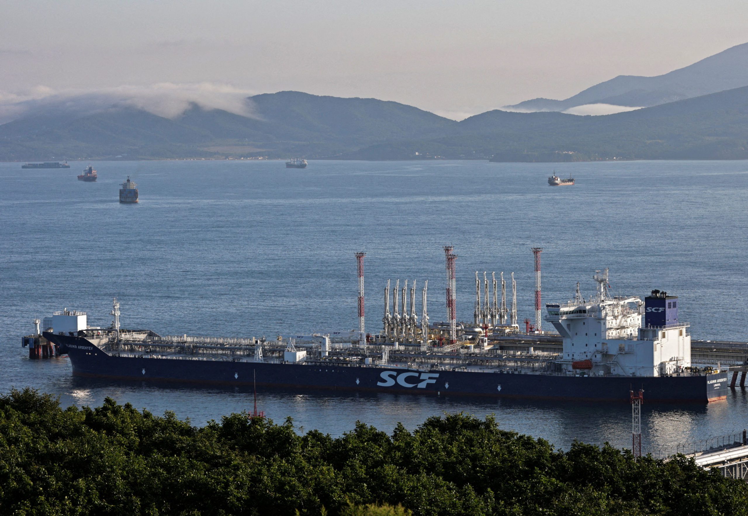 An aerial view shows the Vladimir Arsenyev tanker at the crude oil terminal Kozmino on the shore of Nakhodka Bay near the port city of Nakhodka, Russia August 12, 2022. REUTERS/Tatiana Meel//File Photo
