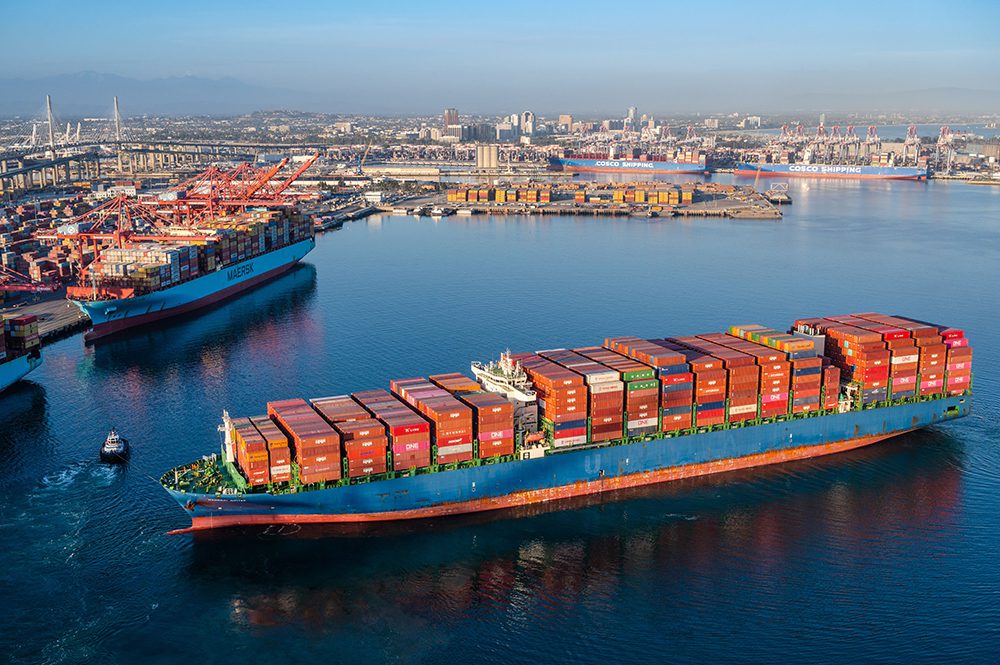 A containership at the Port of Long Beach