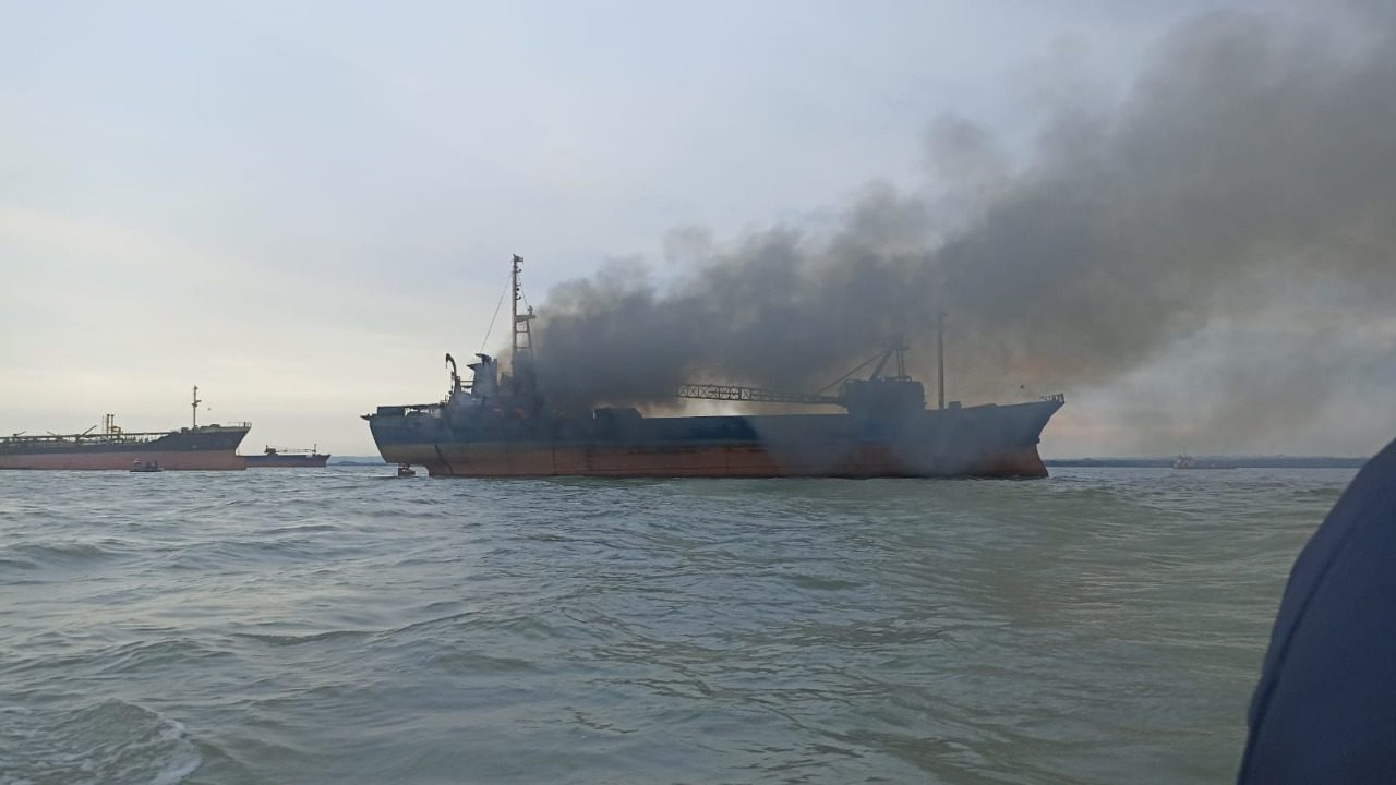 Cargo Ship Catches Fire In Indonesia