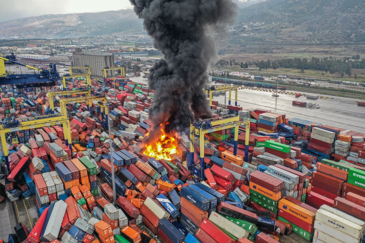 Fire Erupts in Containers Toppled by Earthquake at Turkish Port
