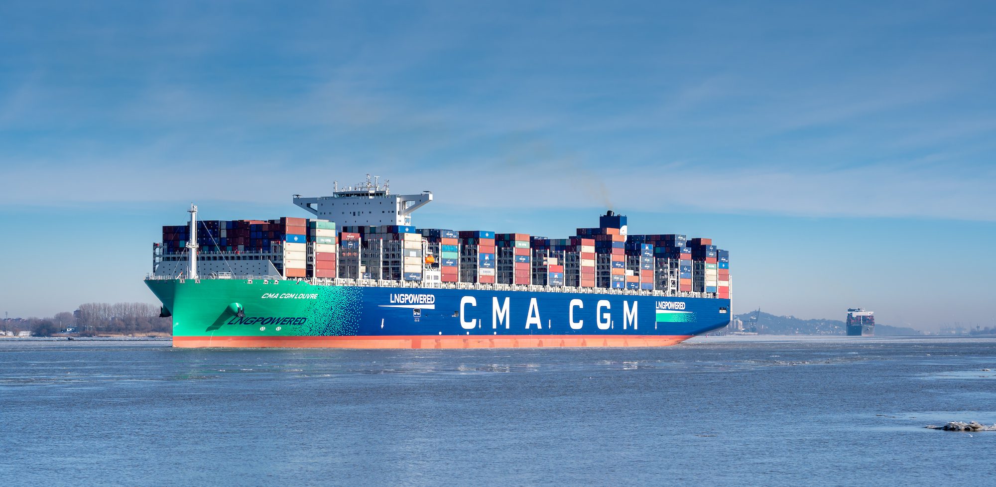 The LNG-powered containership, the CMA CGM, on the river Elbe near the city of Hamburg, Germany, February 14, 2021. Photo: FrankHH / Shutterstock.com