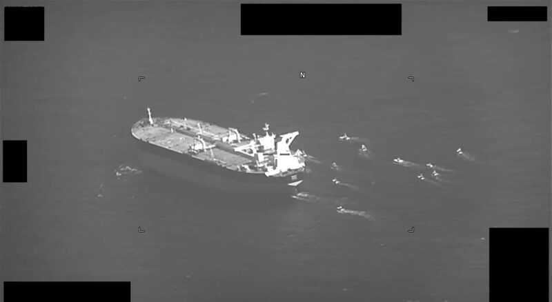 STRAIT OF HORMUZ (May 3, 2023) A screenshot of a video showing fast-attack craft from Iran’s Islamic Revolutionary Guard Corps Navy swarming Panama-flagged oil tanker Niovi as it transits the Strait of Hormuz, May 3, 2023. U.S. Navy Photo