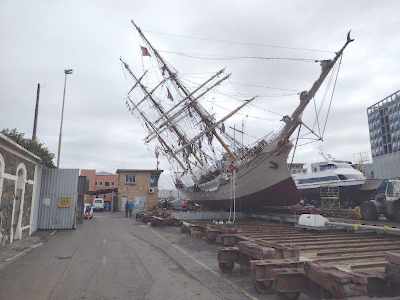 Tall Ship Bark EUROPA Tips Over in Drydock