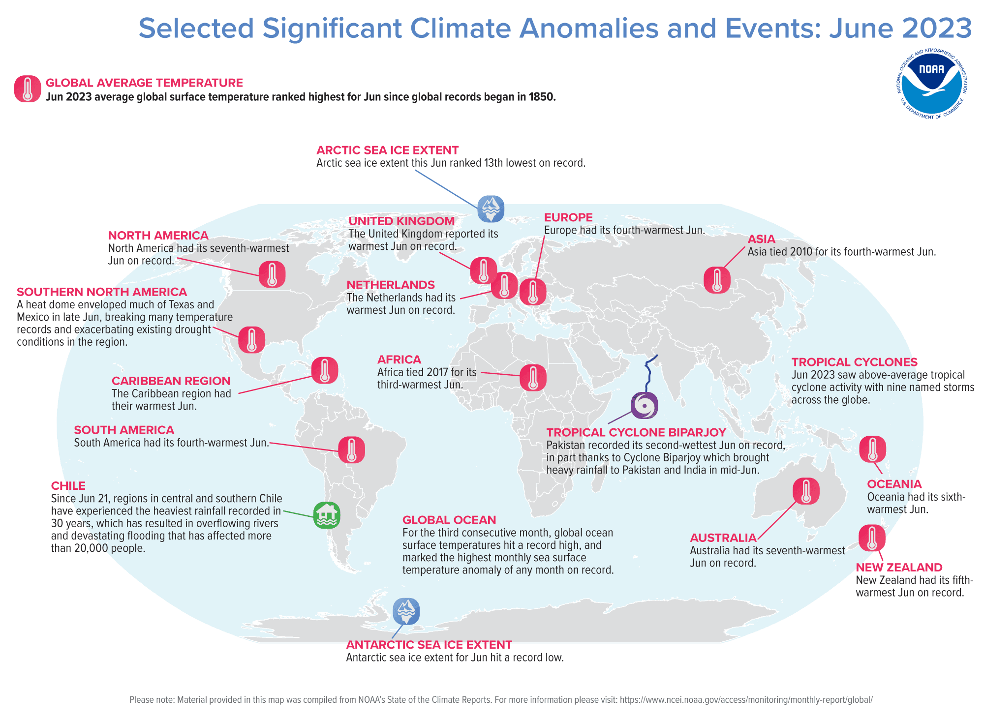 A map of the world plotted with some of the most significant climate events that occurred during June 2023. (Image credit: NOAA/NCEI)