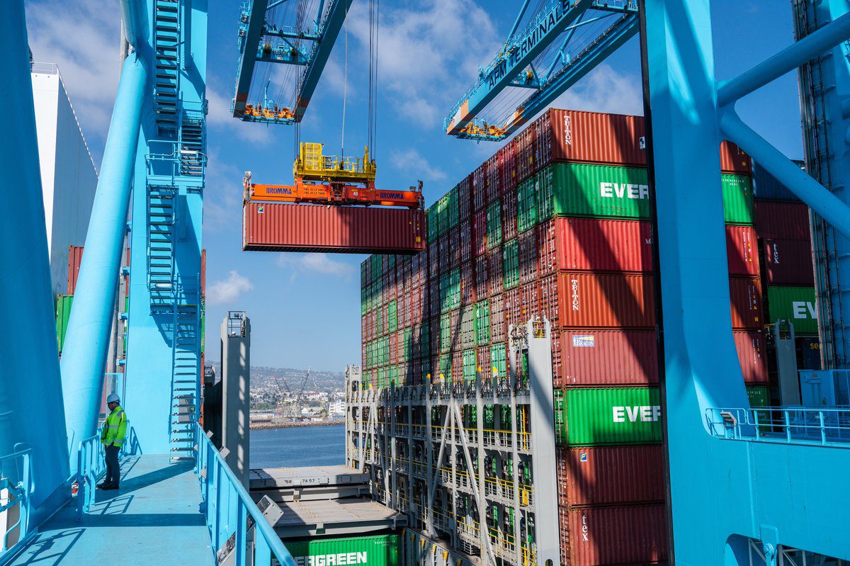 A worker on a container crane at the Port of Los Angeles