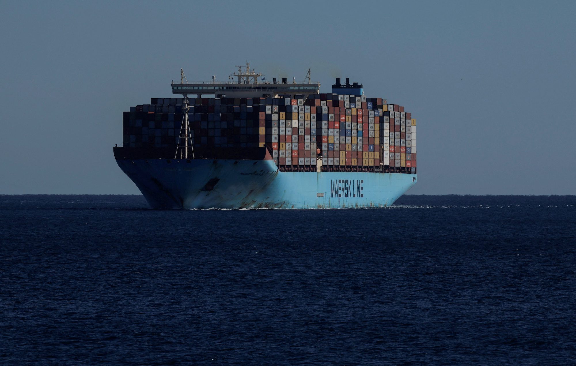 FILE PHOTO: Containers are seen on the Maersk's Triple-E giant container ship Majestic Maersk, one of the world's largest container ships, as it sails in the Strait of Gibraltar towards the port of Algeciras, Spain January 19, 2023. REUTERS/Jon Nazca/File Photo