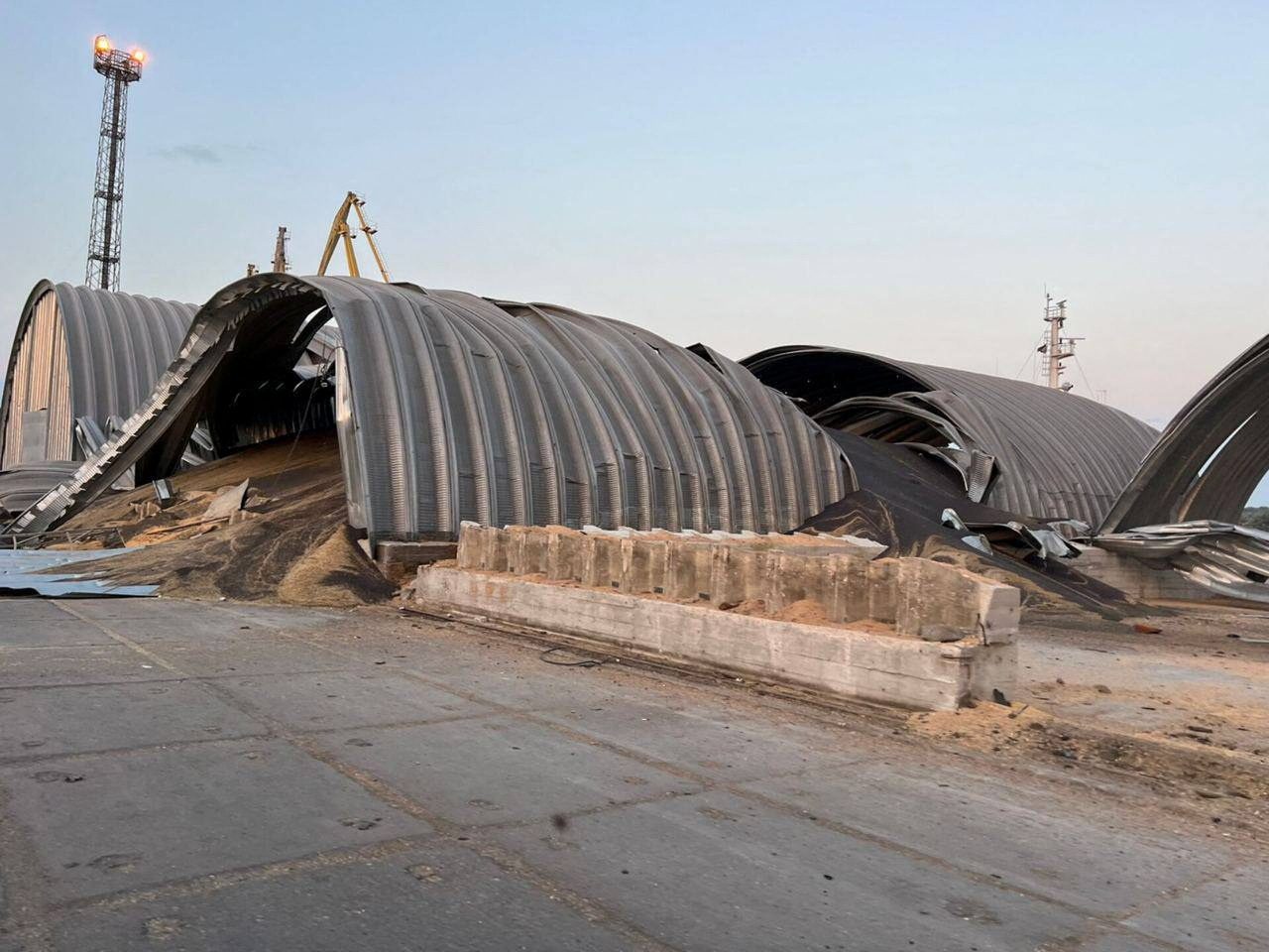 Grain warehouses heavily damaged by a Russian drone attack are seen at a compound of a port on the Danube