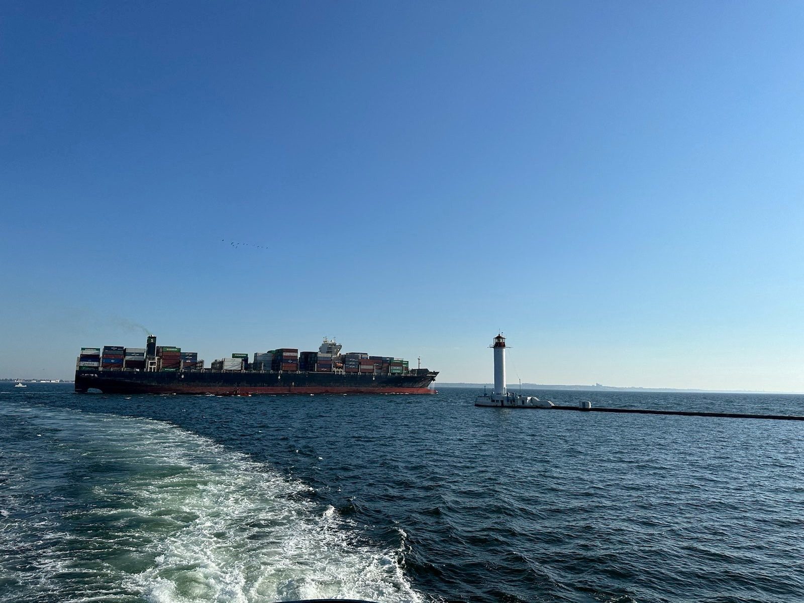 Hong Kong-flagged container ship Joseph Schulte leaves the sea port of Odesa. Photo Ukrainian Deputy Prime Minister Oleksandr Kubrakov via Facebook/Handout via REUTERS