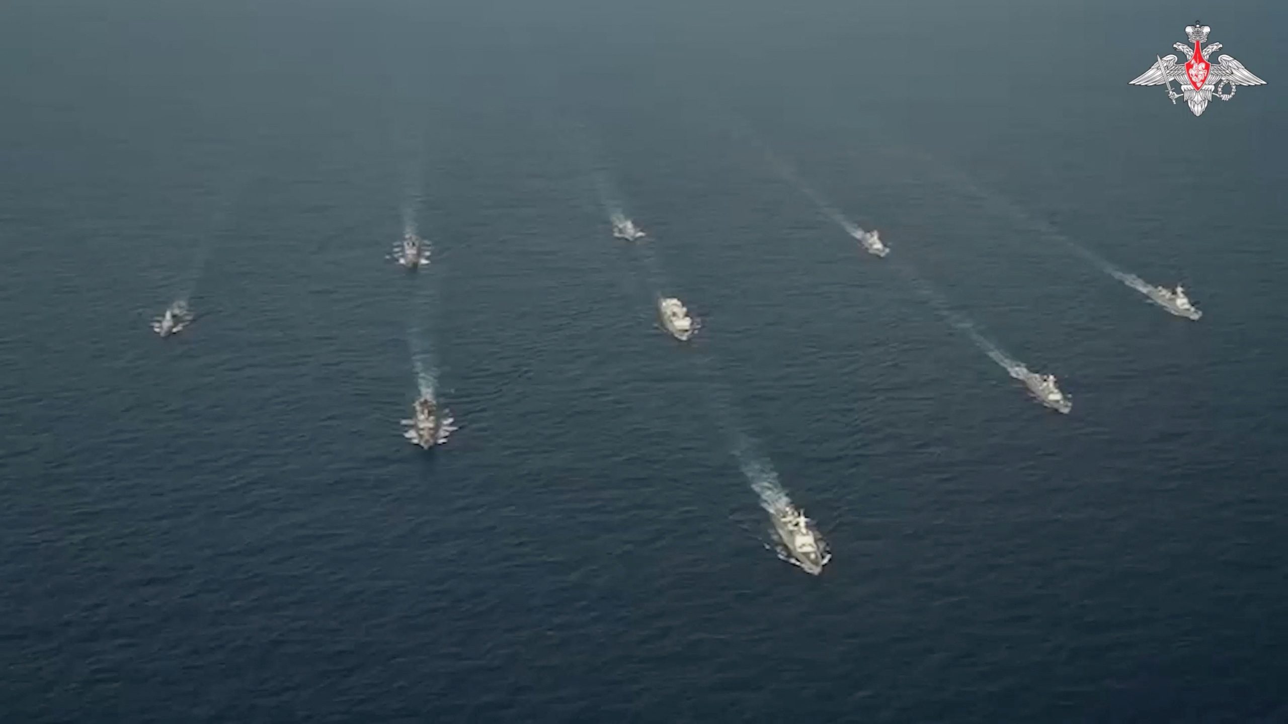 A still image from a video, released by Russia's Defence Ministry, shows what it said to be Russian and Chinese navy ships jointly patrolling the Pacific Ocean and holding naval exercises in the East China Sea, in this image taken from footage released August 18, 2023. Russian Defence