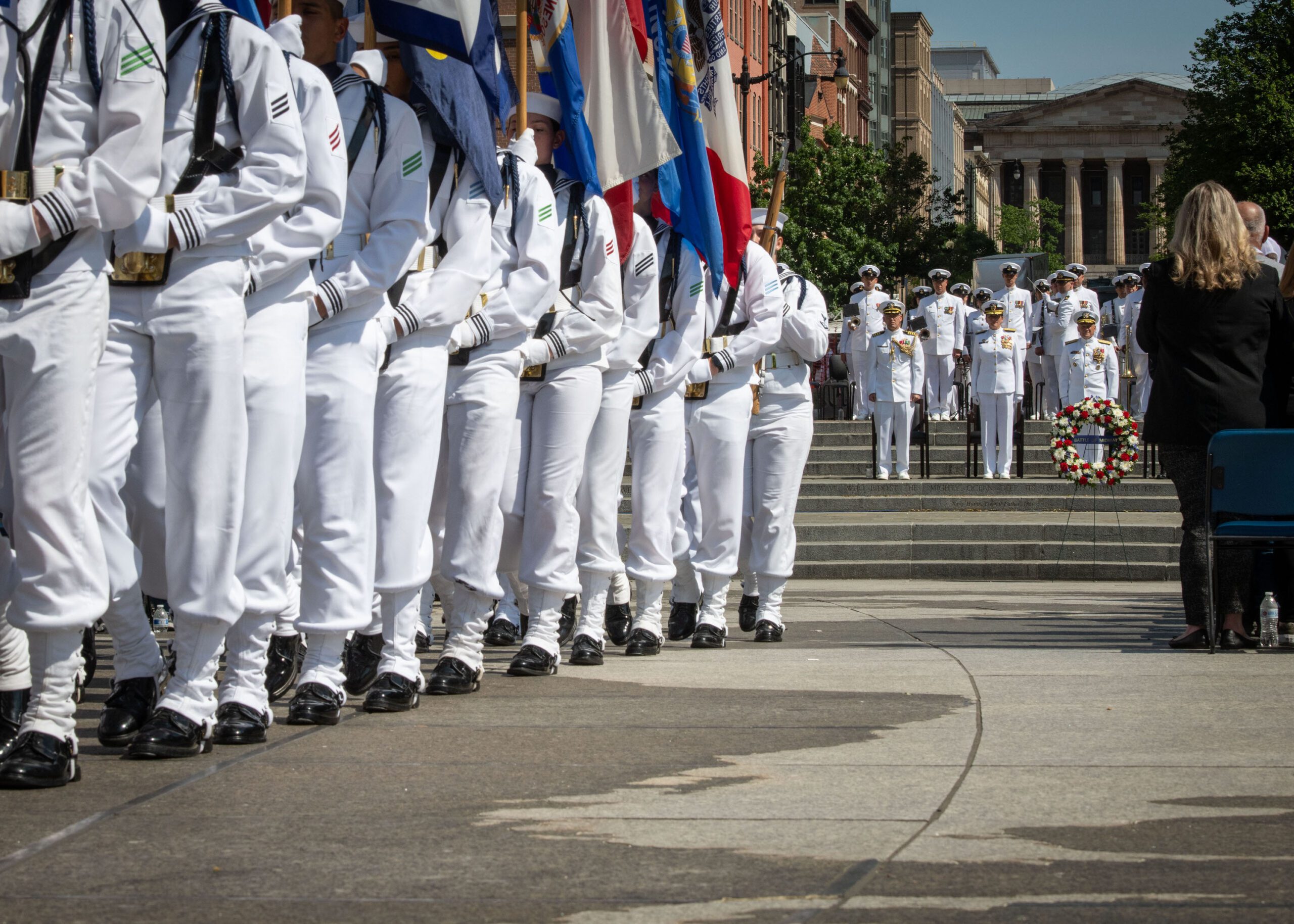 US Navy Admirals and a naval color guard at A Ceremony in Washington. Photo by USN