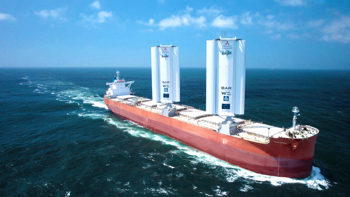 The Pyxis Ocean retrofitted with WindWings, setting sail for its maiden voyage in August 2023. Photo courtesy Cargill
