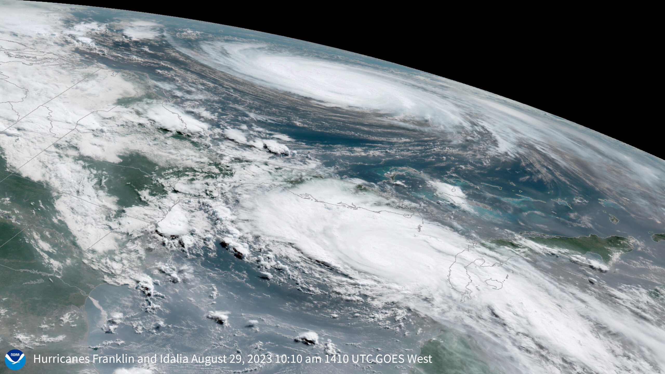 Hurricanes Idalia and Franklin captured by NOAA's GOES West satellite, August 29, 2023. Photo: NOAA