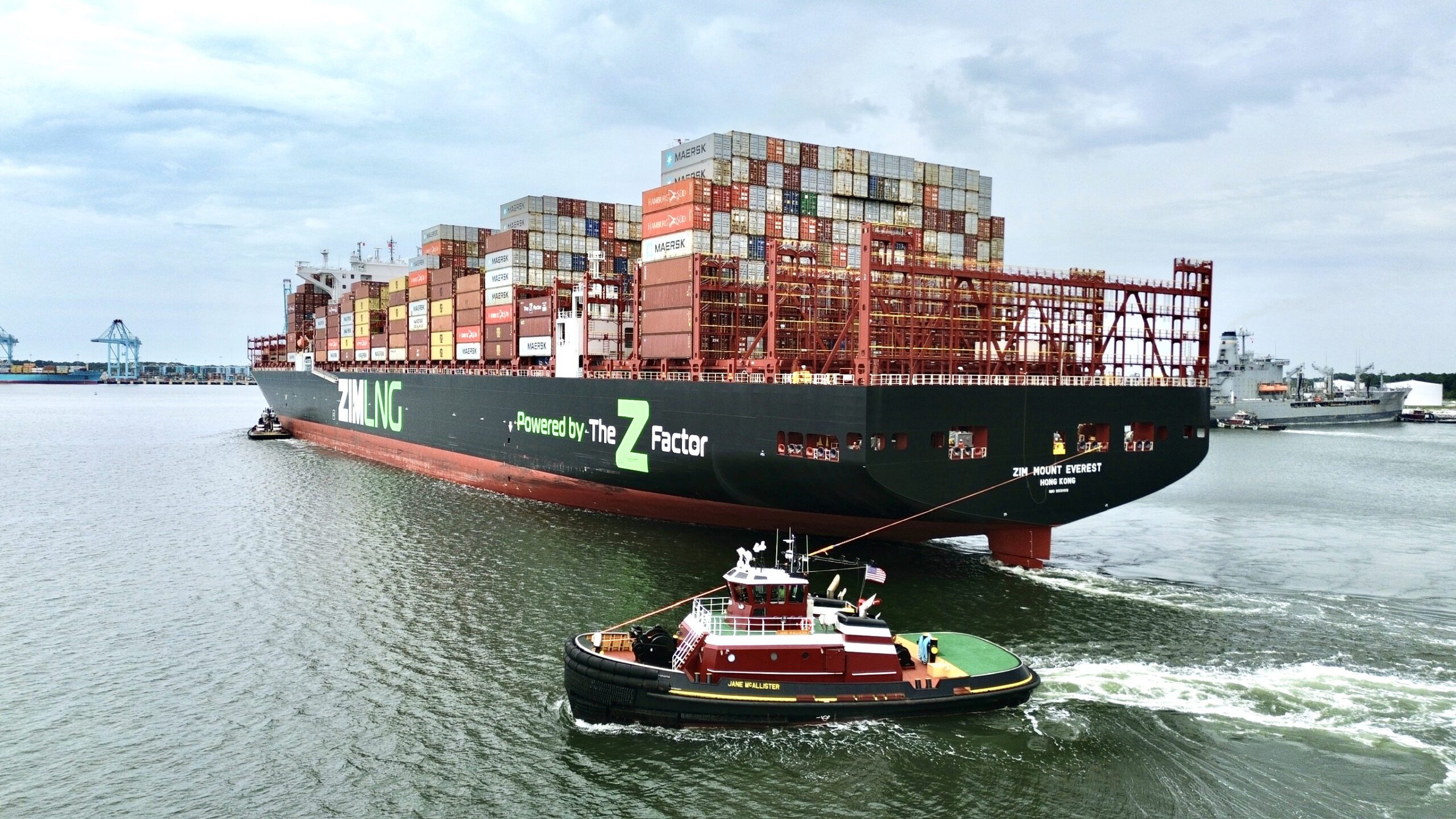 Jane McAllister works a ZIM containership at the Port of Virginia. Photo courtesy McAllister Towing