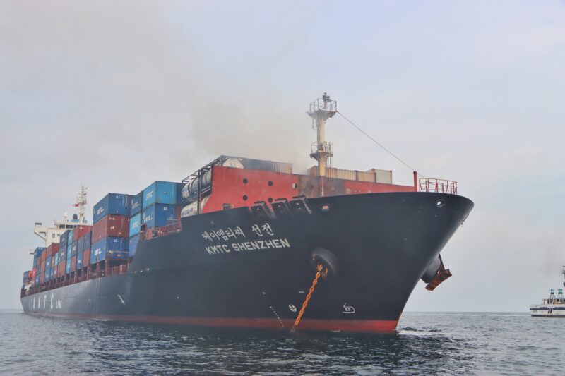 The KMTC Shenzen pictured Sunday, August 13, following a cargo fire. Photo: Malaysian Maritime Enforcement Agency