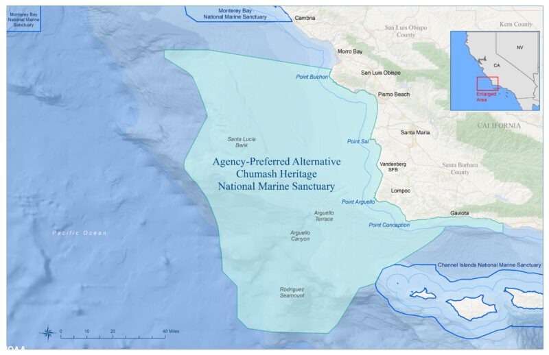 Map of the area off the coast of San Luis Obispo County, California, that NOAA is proposing to designate as the Chumash Heritage National Marine Sanctuary. (Image credit: NOAA)