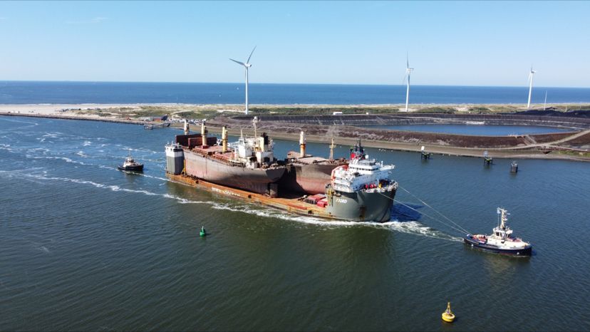 The wreck of the OS 35 arrives in Amsterdam on board the M/V Fjord. Photo courtesy Koole Contractors