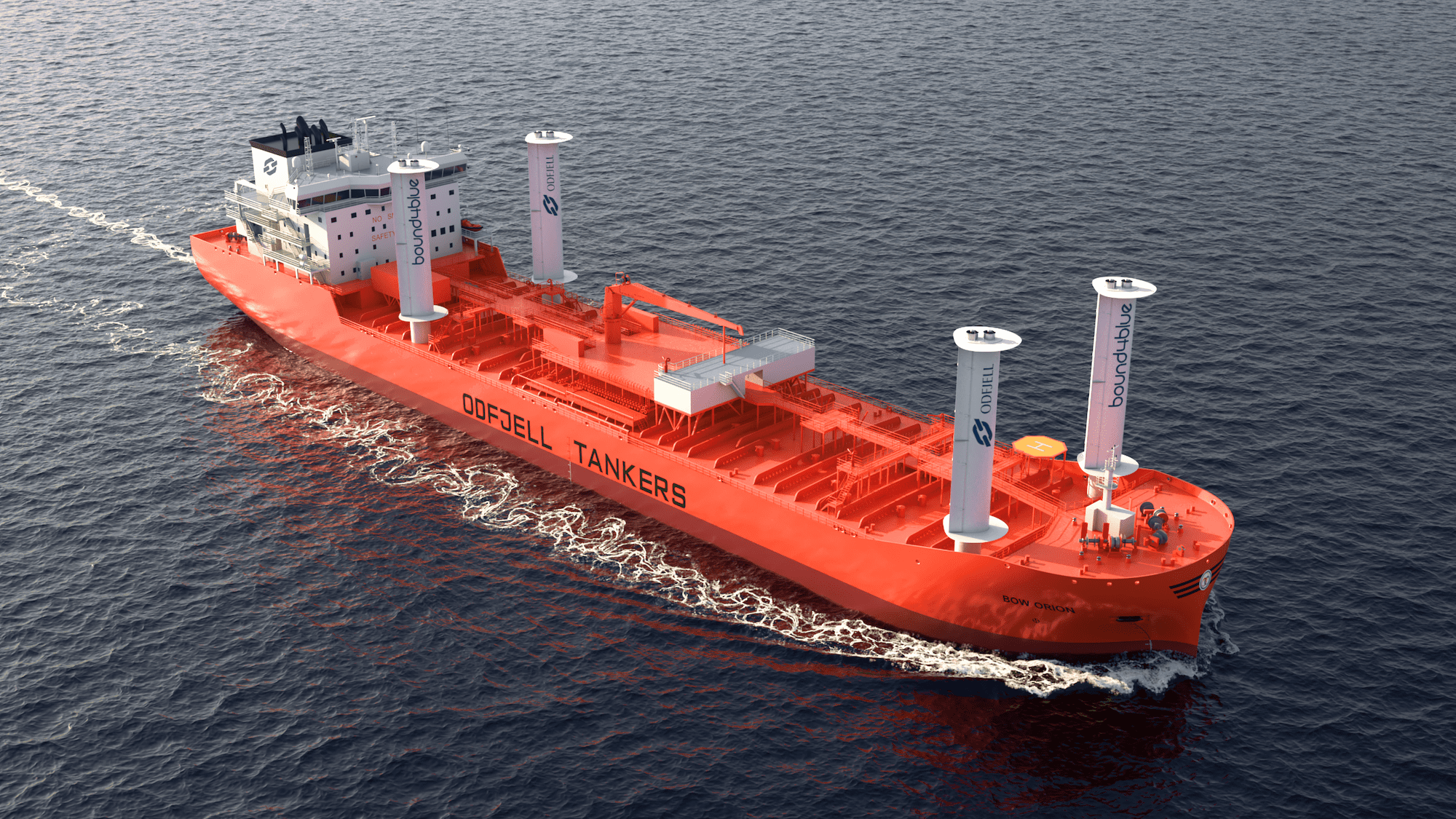 Illustration shows a Odfjell tanker with bound4blue's eSAIL® system installed. Illustration courtesy Odfjell