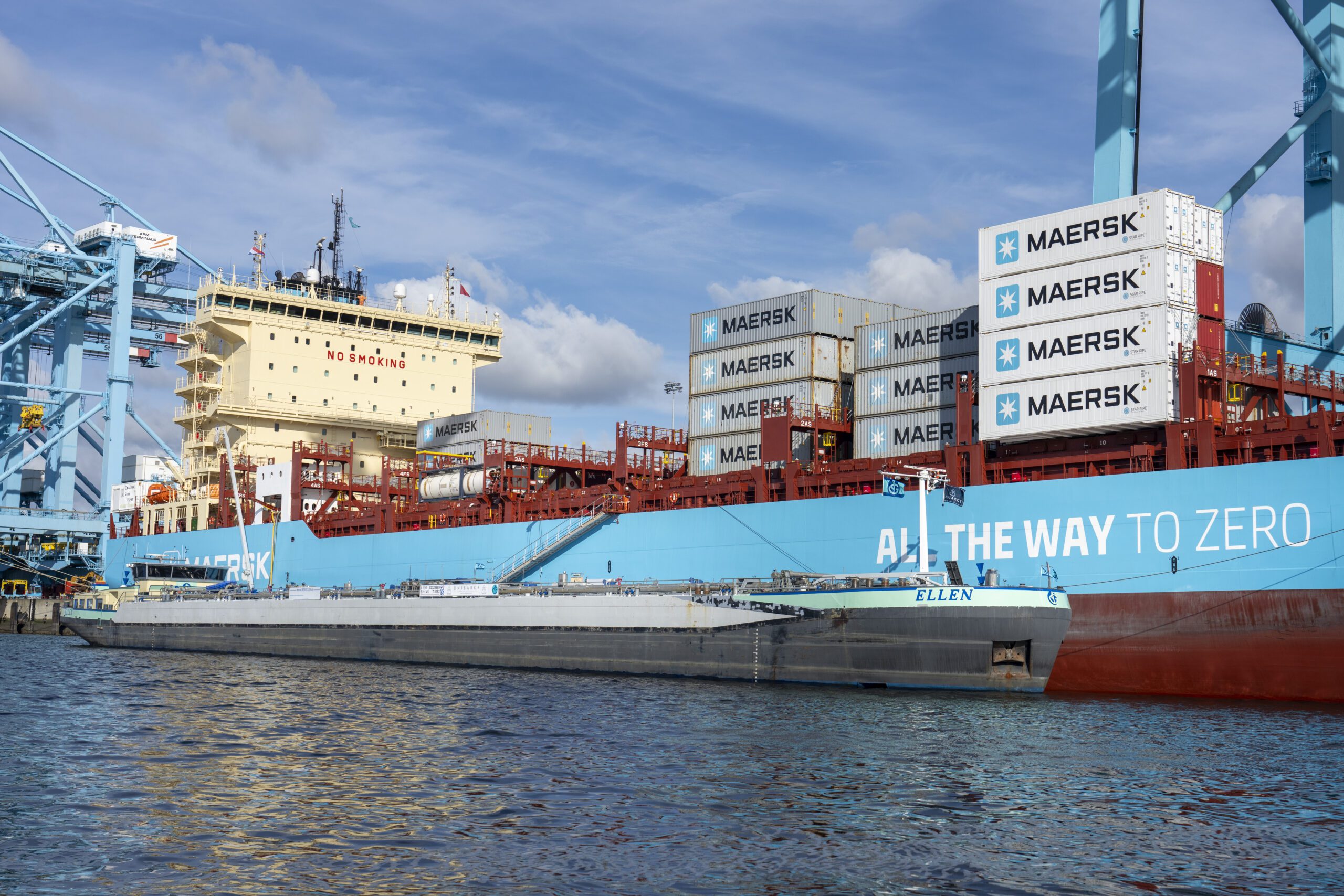 The world’s first green methanol fueled container ship has bunkered in the Port of Rotterdam, taking on OCI HyFuels green methanol for the final leg of its maiden voyage. Photo credit: OCI Global