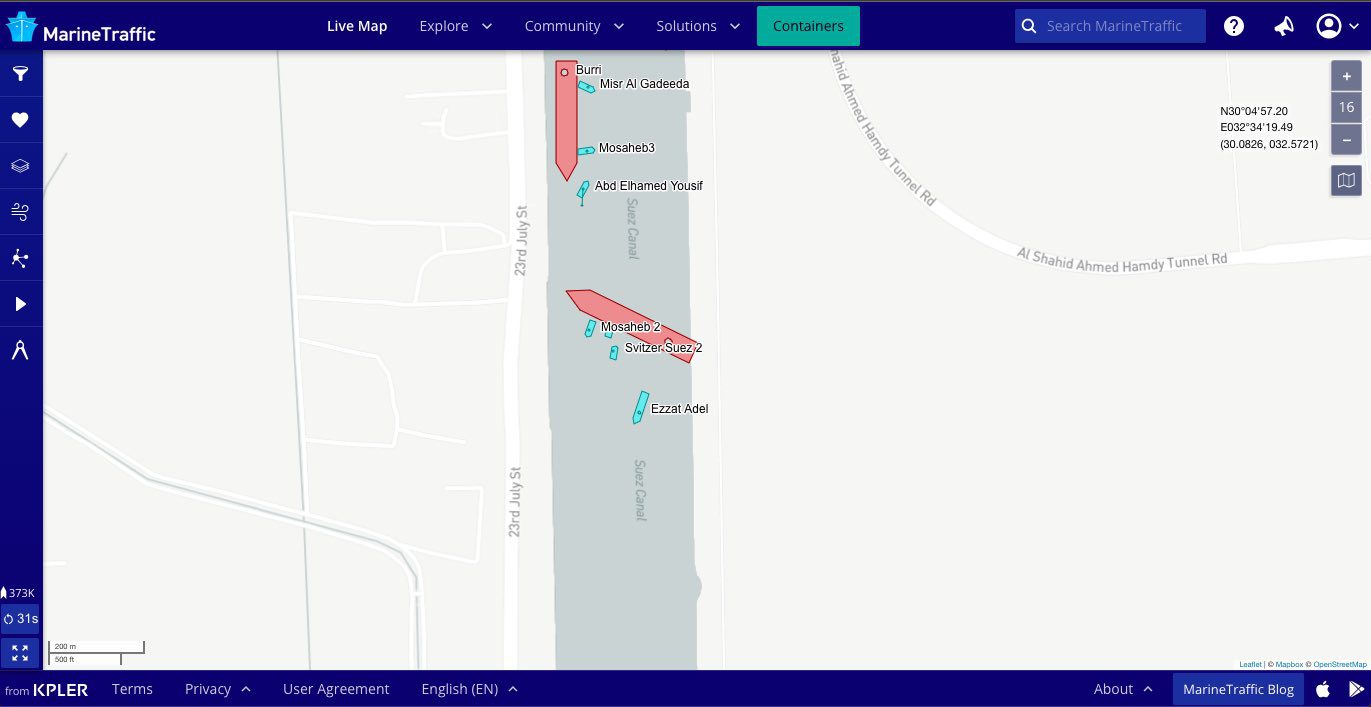 An AIS screengrab from MarineTraffic.com showing the BW Lesmes and Burri after colliding in the Suez Canal. Image courtesy MarineTraffic.com