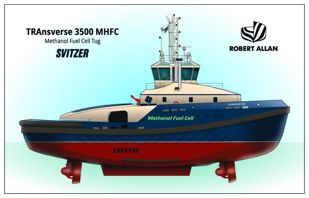 A preliminary illustration of Svitzer's methanol hybrid fuel cell (MHFC) tug. Image courtesy Svitzer/Robert Allan