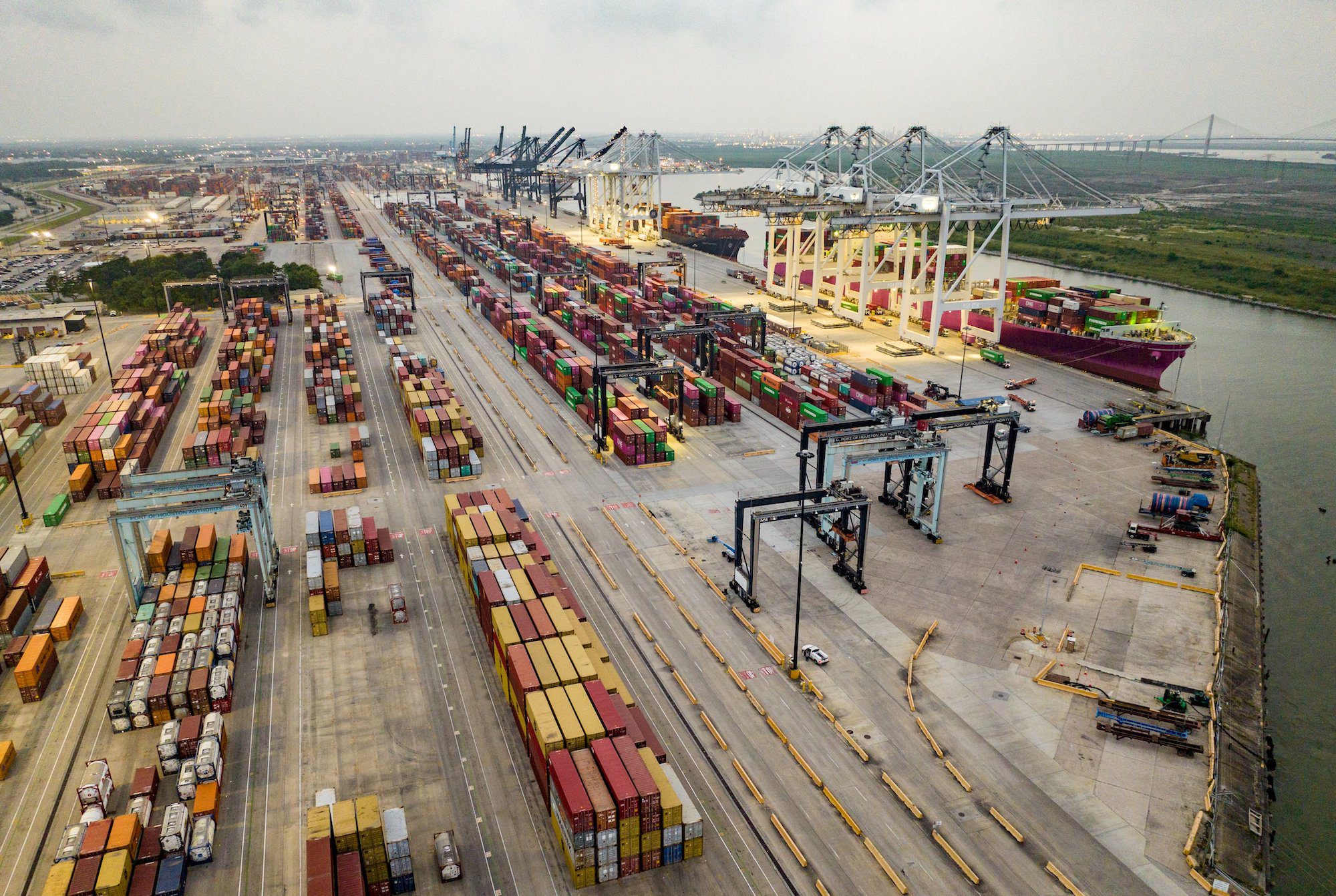 An aerial view of a container terminal at Port Houston