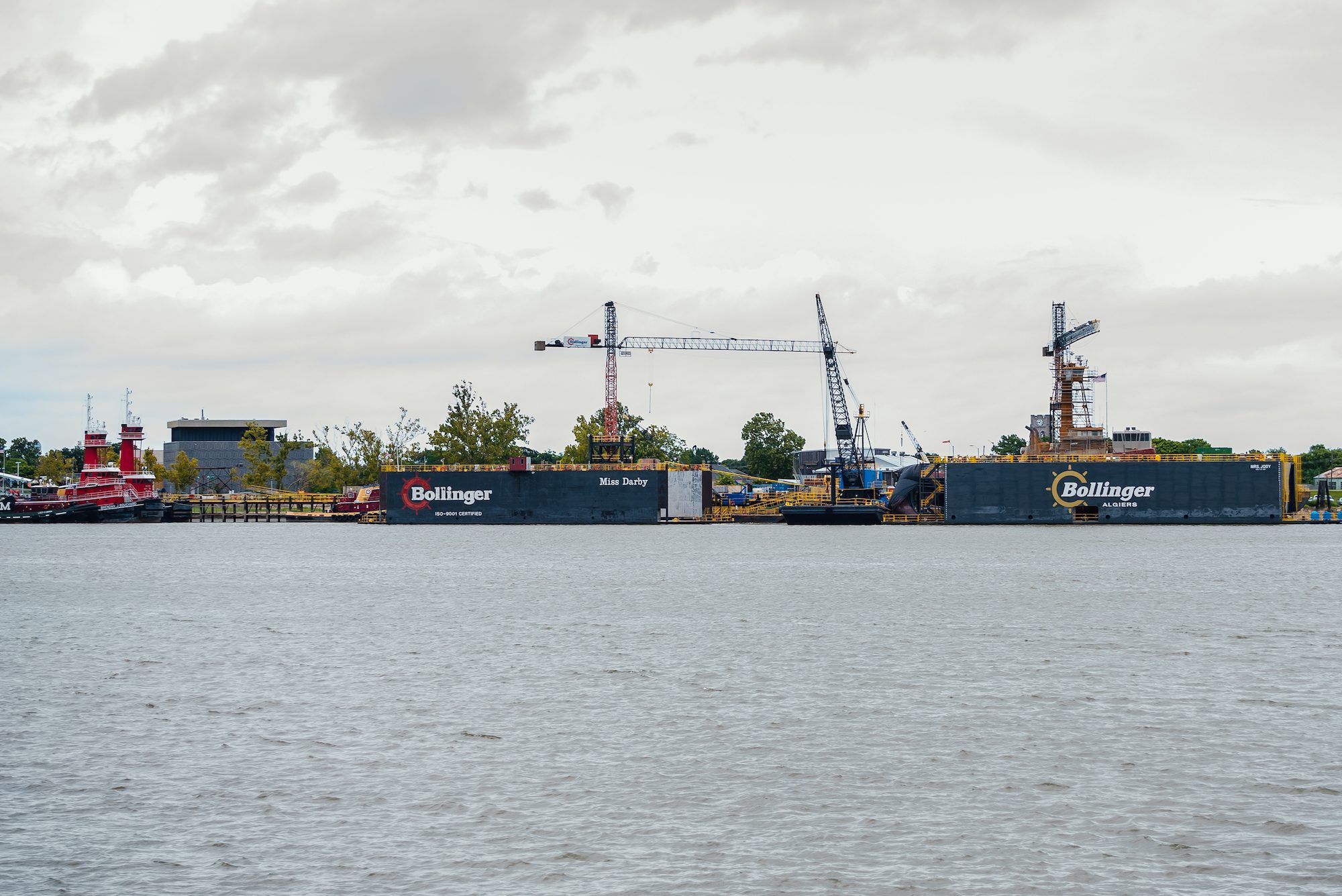 Bollinger Algiers ship repair facility pictured from New Orleans on August 19, 2019