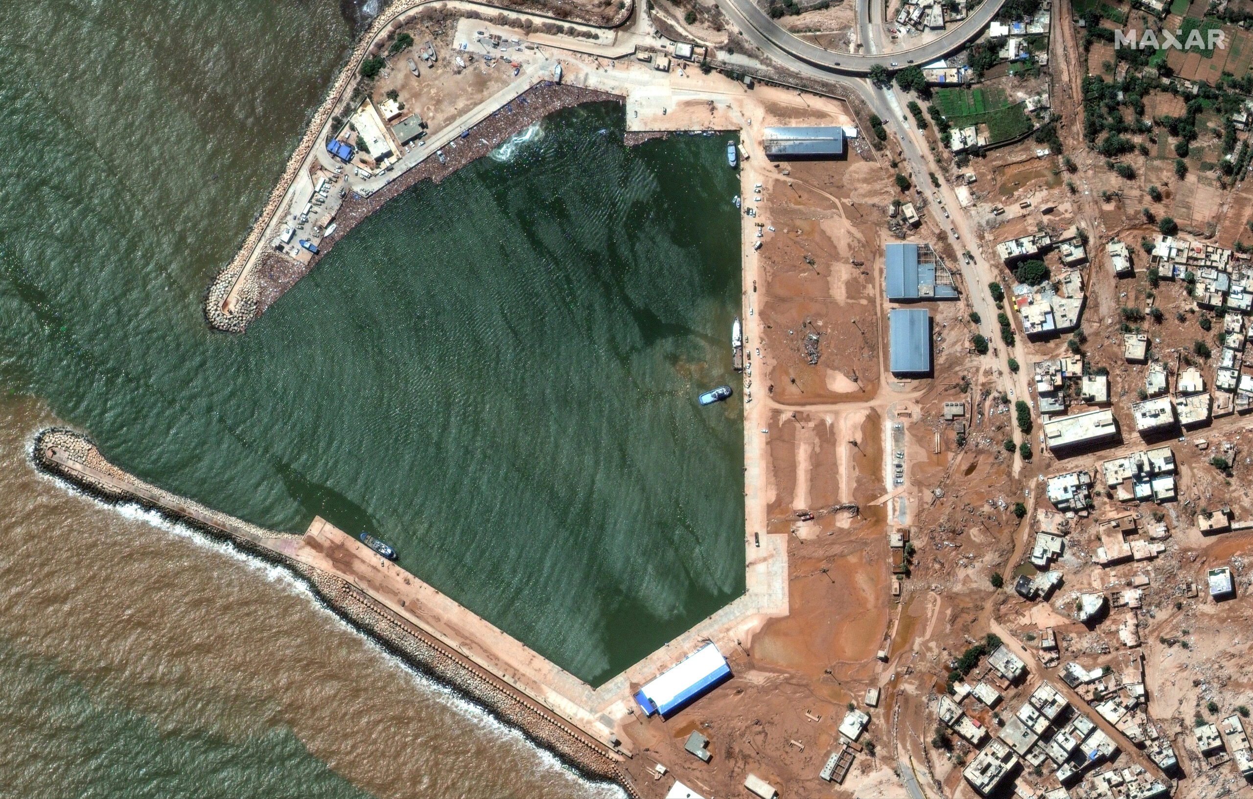 A satellite image shows port facilities in the aftermath of the floods in Derna. Photo Maxar?Technologies/Handout via REUTERS.