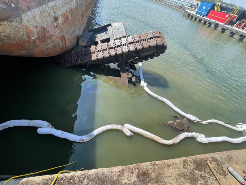 A crane sits in the water at Wepfer Marine Drydock Sept. 19, 2023, near Memphis, Tennessee. U.S. Coast Guard Photo
