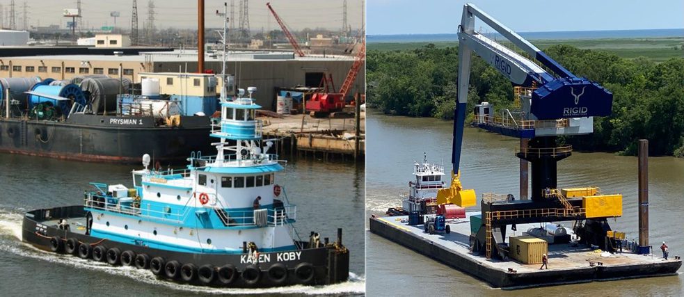 The towing vessel Karen Koby and crane barge Ambition are pictured before the capsizing and sinking. Source: LA Carriers and Rigid Constructors via NTSB