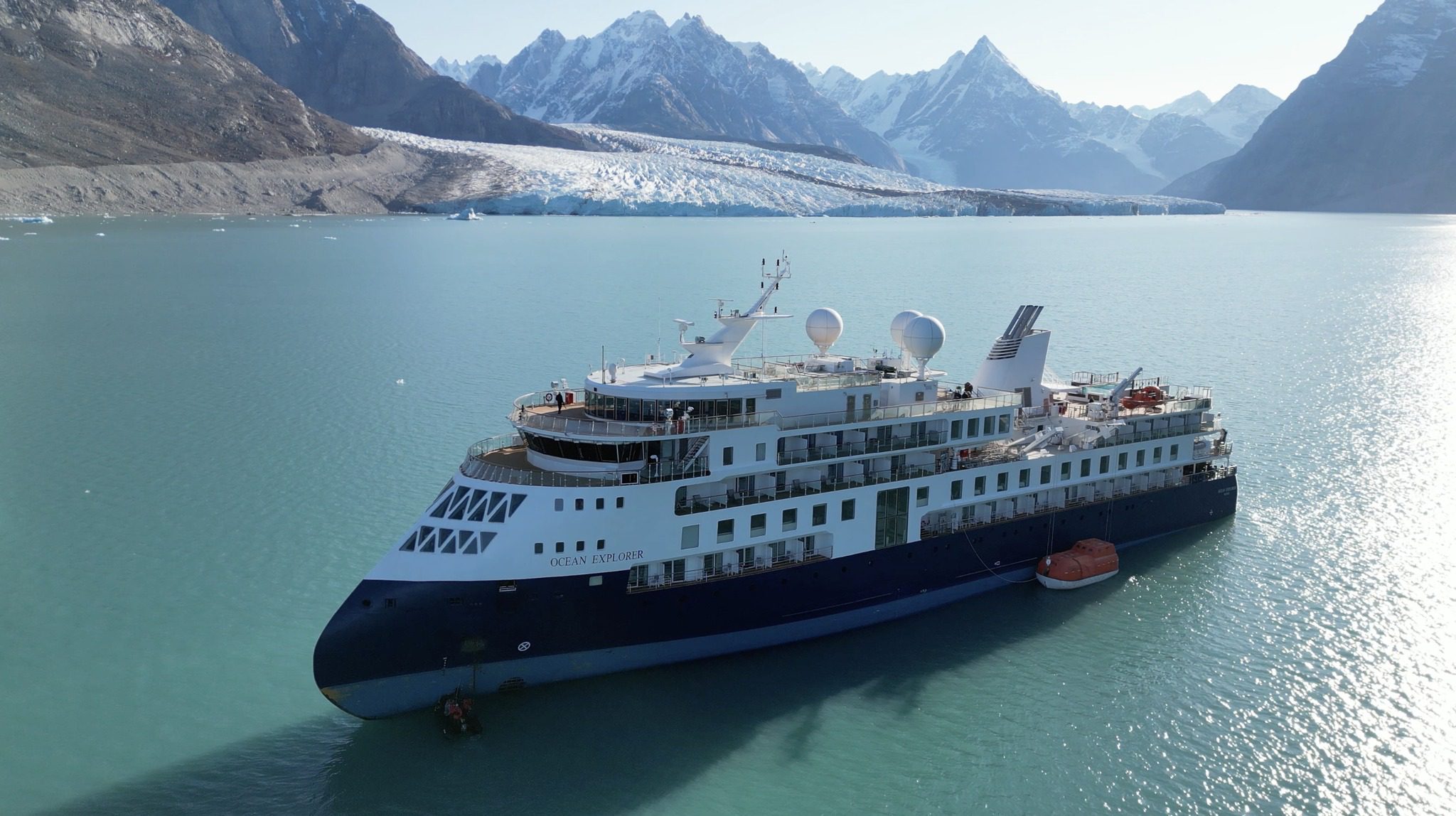 The MS Ocean Explorer aground in Alpefjord, part of Northeast Greenland National Park, September 13, 2023. Photo Credit: Air Force/Arctic Command