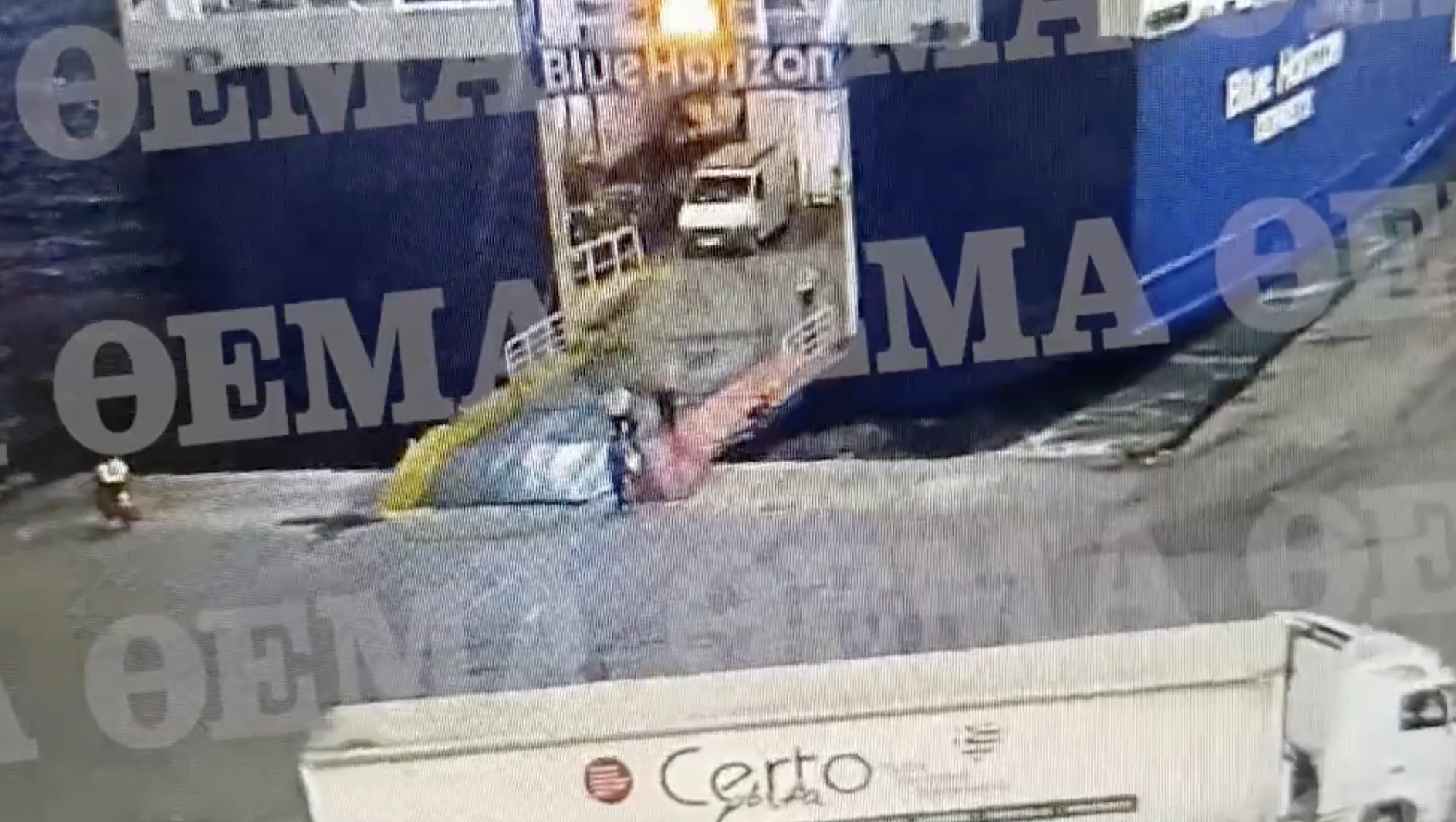 A screengrab of video posted online showing the altercation between a passenger and ferry crew members before the passenger falls into the water.