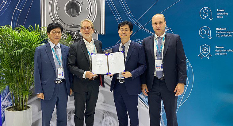 WinGD and Samsung Heavy Industries signed MoU on ammonia-fueled ship engines at Gastech 2023 in Singapore. Photo courtesy WinGD