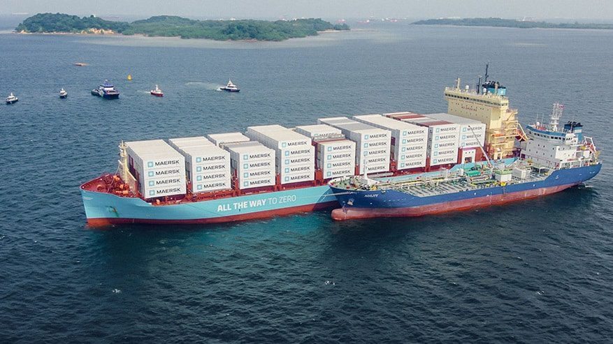 Maersk's methanol-fueled feeder ship bunkers green methanol fuel in Singapore. Photo courtesy Maritime & Port Authority of Singapore (MPA)