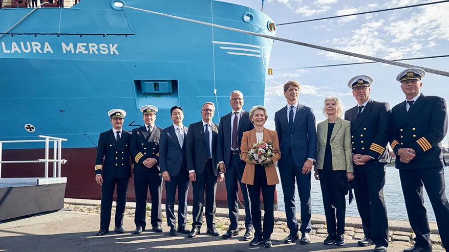 The world's first methanol-powered containership Laura Maersk pictured during her naming ceremony.