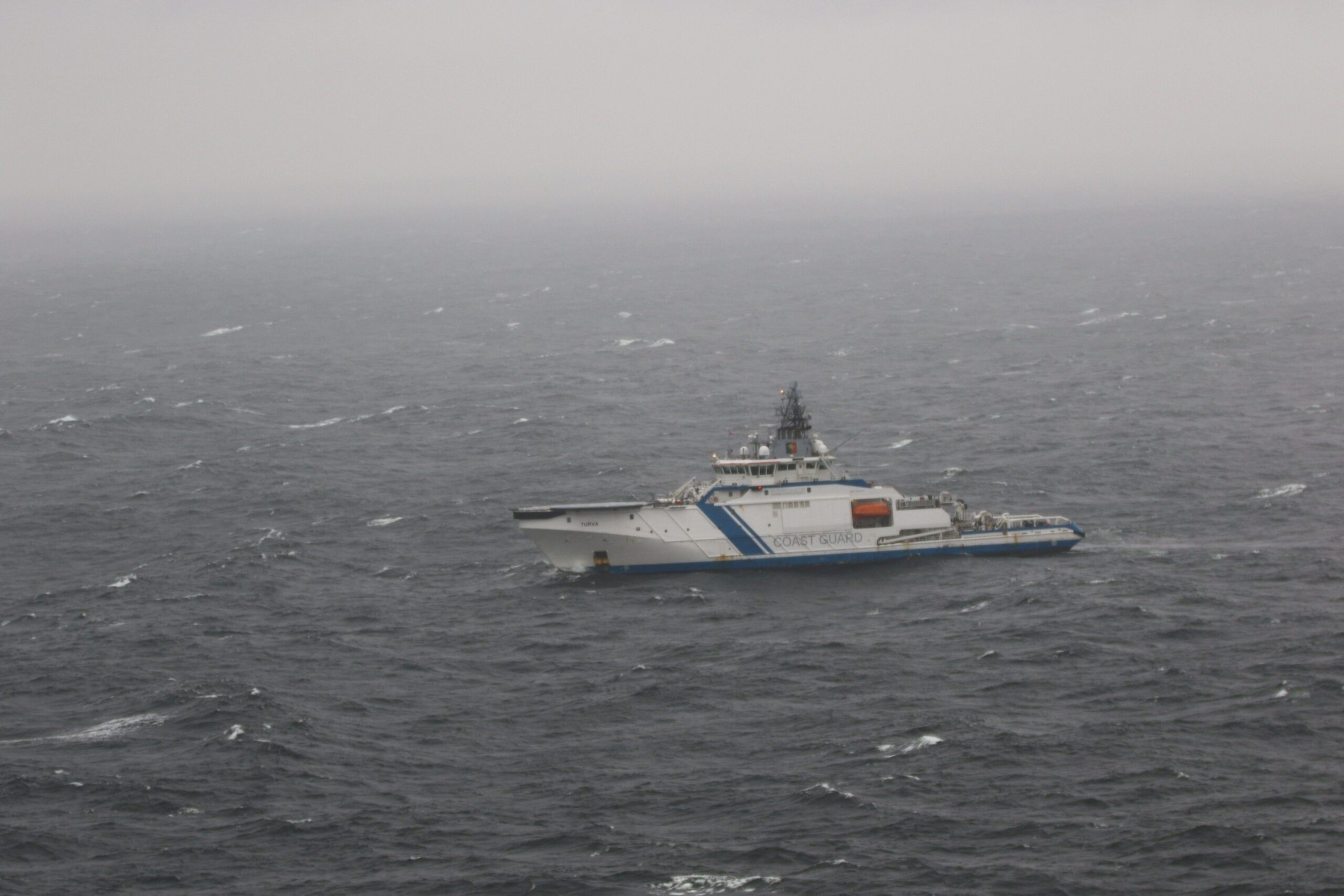 The picture provided by The Finnish Border Guard shows Finnish Border Guard's offshore patrol vessel Turva guarding on October 11, 2023 at sea near the place where damaged Balticconnector gas pipeline is pinpointed at the Gulf of Finland. Lehtikuva/FINNISH BORDER GUARD via REUTERS