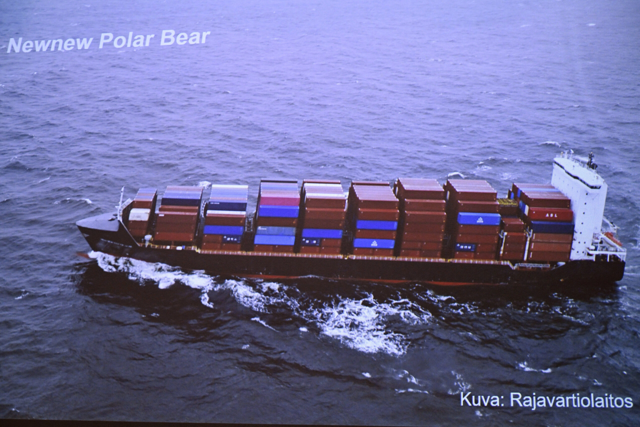 Finnish Border Guard's photo of a Hong Kong registered cargo ship 'Newnew Polar Bear', which was spotted moving close to the Balticconnector gas line, during the joint press conference of the investigation of the possible attack on the Balticconnector gas line on 8th Oct., 2023 between Finland and Estonia at the headquarters of the National Bureau of Investigation in Vantaa, Finland, 24 October 2023. Lehtikuva/HEIKKI SAUKKOMAA via REUTERS