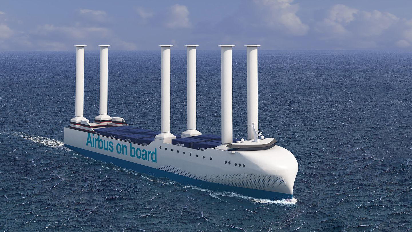 An illustration of Airbus' future low-emission roll-on/roll-off ships featuring wind-assisted propulsion.