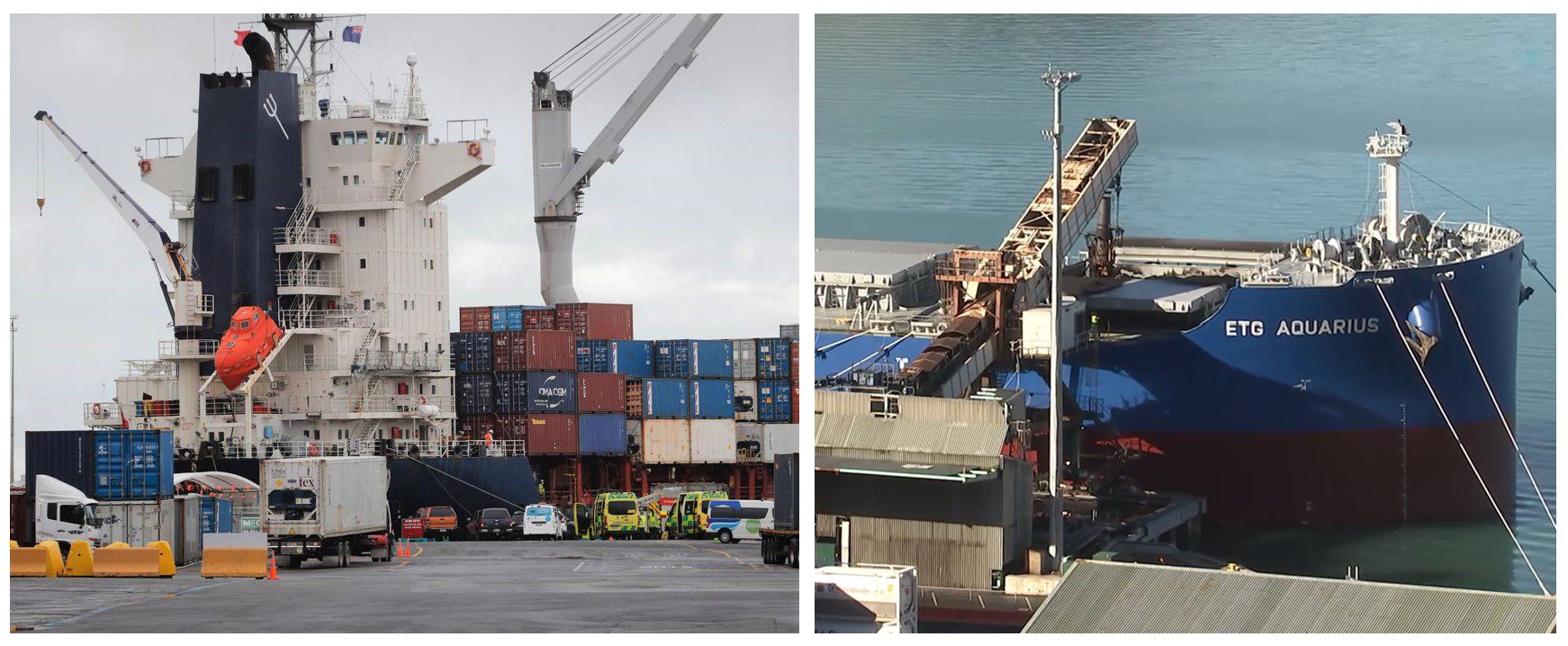Views of the two ships on which the stevedores were working; container ship Capitaine Tasman (left) and bulk carrier ETG Aquarius (right). Photo courtesy Transport Accident Investigation Commission