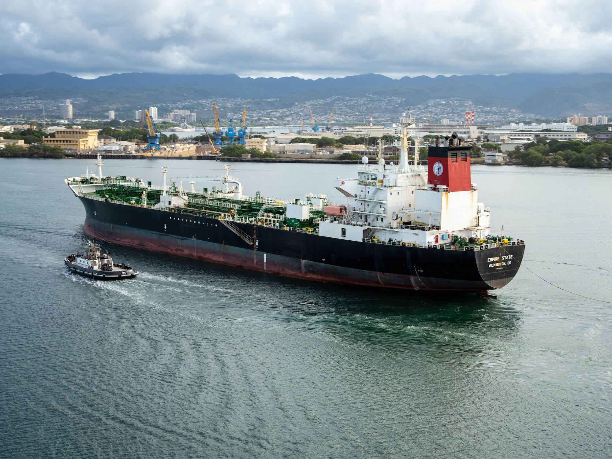 M/T Empire State, the first ship scheduled to defuel the Red Hill Bulk Fuel Storage Facility, approaches Joint Base Pearl Harbor-Hickam Oct. 11, 2023, off the coast of Oahu, Hawaii. US DoD photo