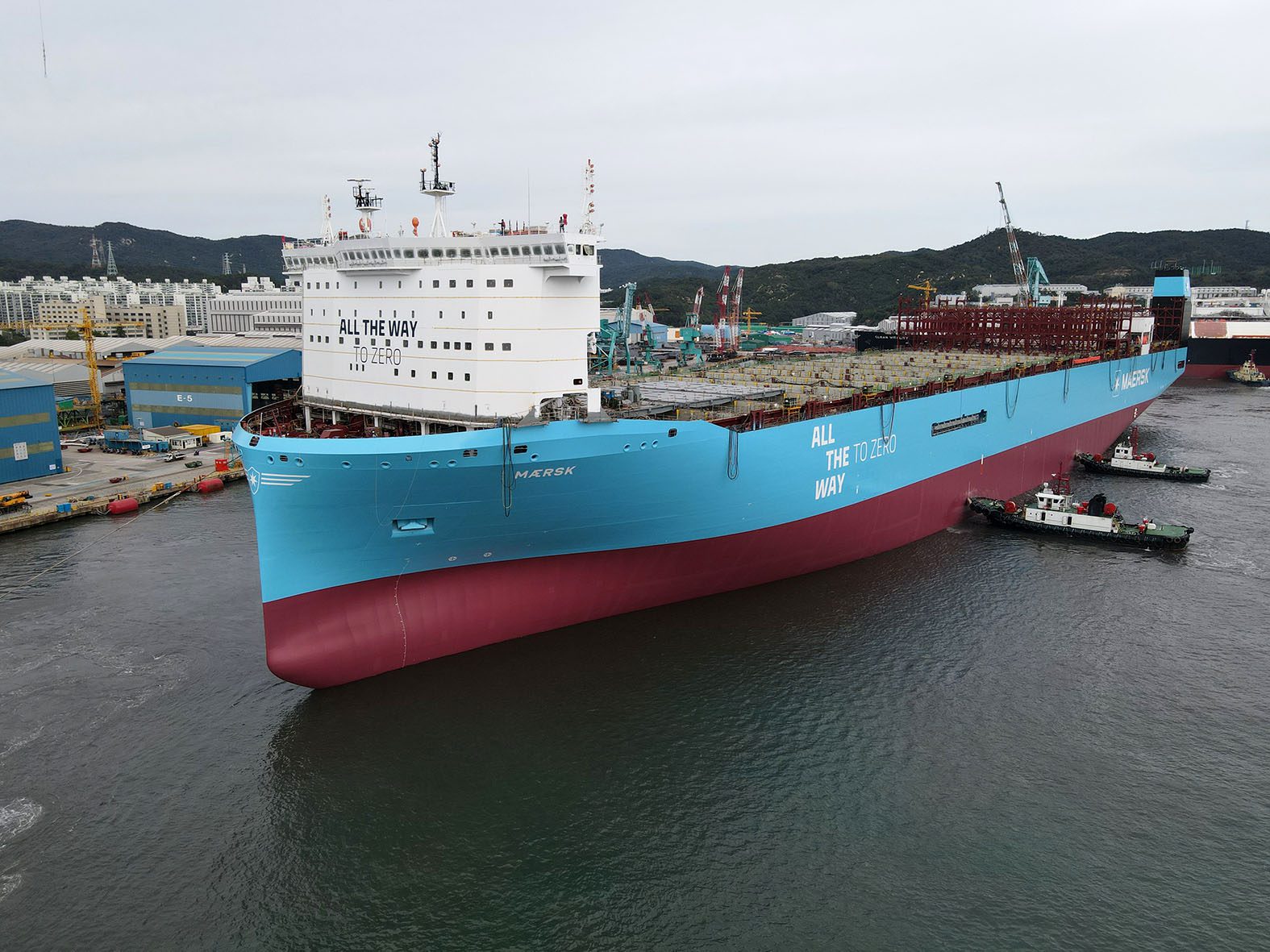 The world's first large methanol powered containership is launched at Hyundai Heavy Industries. Photo courtesy Maersk