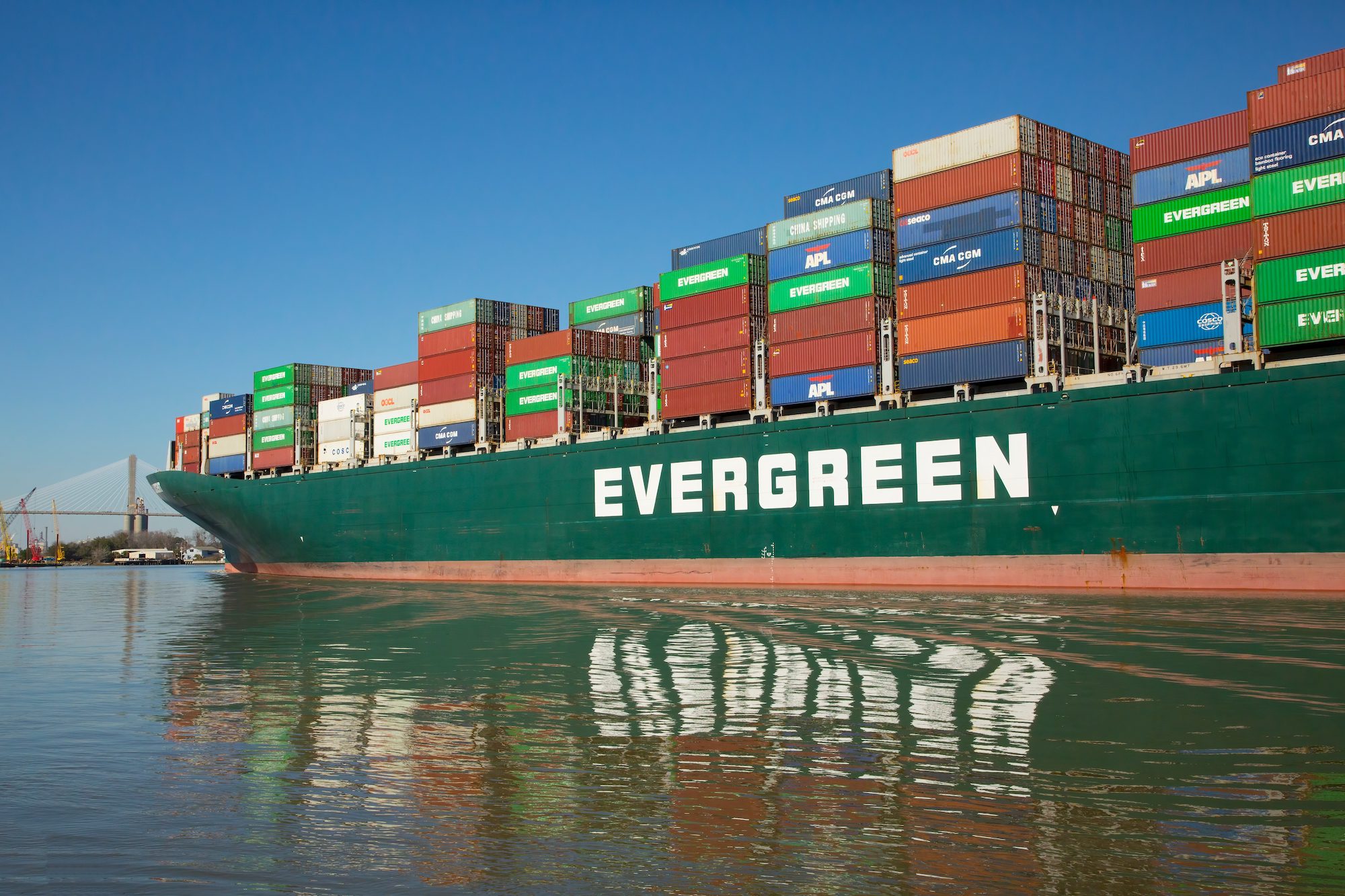 Stock photo of an Evergreen containership entering port