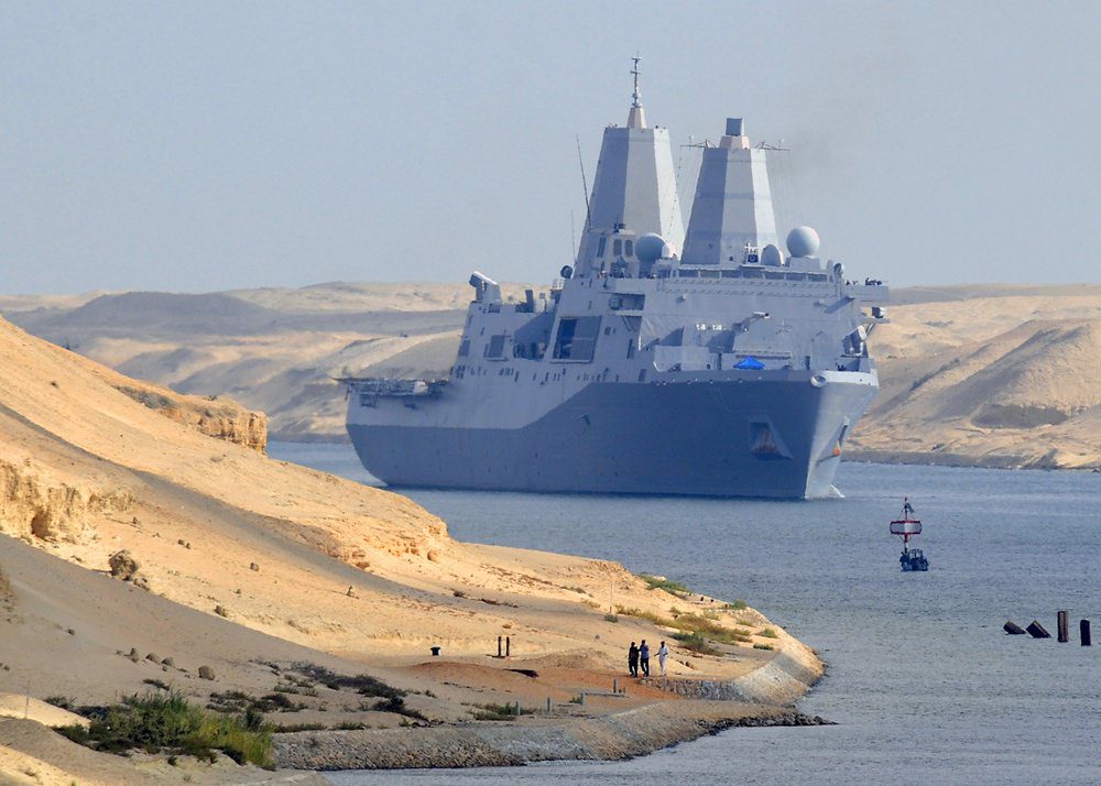 US Navy amphibious transport dock ship in the Middle East transiting the Suez Canal
