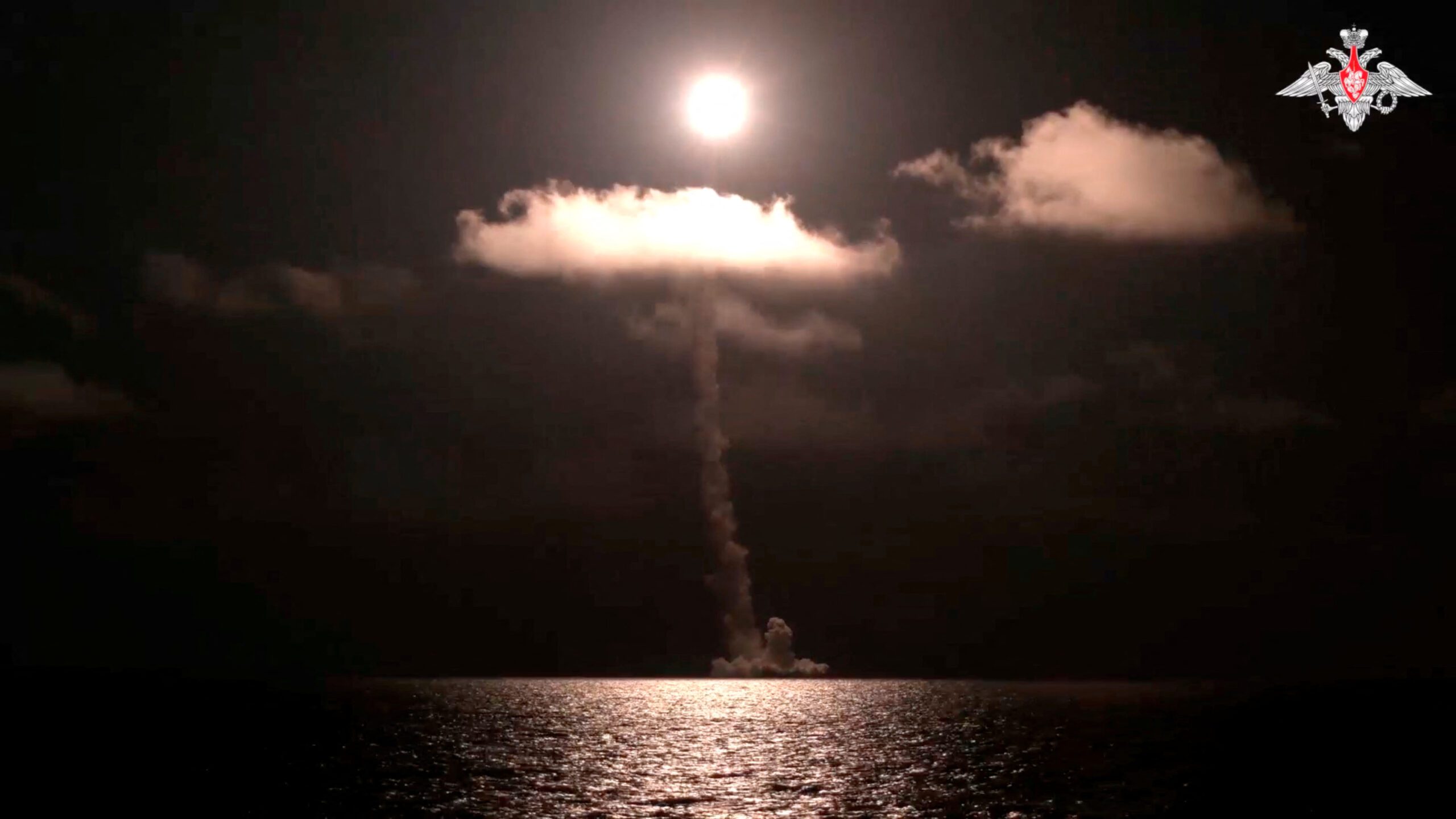 Russia's new nuclear submarine test launches Bulava missile in White Sea, screengrab taken from a video released on November 5, 2023. Russian Defence Ministry/Handout via REUTERS