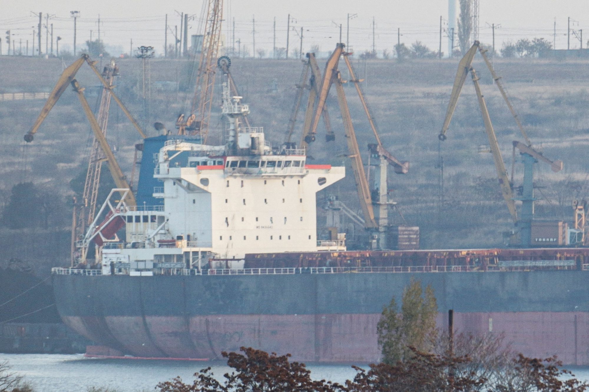 A view shows Liberia-flagged bulk carrier Kmax Ruler damaged by a Russian missile strike in the sea port Pivdennyi, amid Russia's attack on Ukraine, in Odesa region, Ukraine November 9, 2023. REUTERS/Stringer