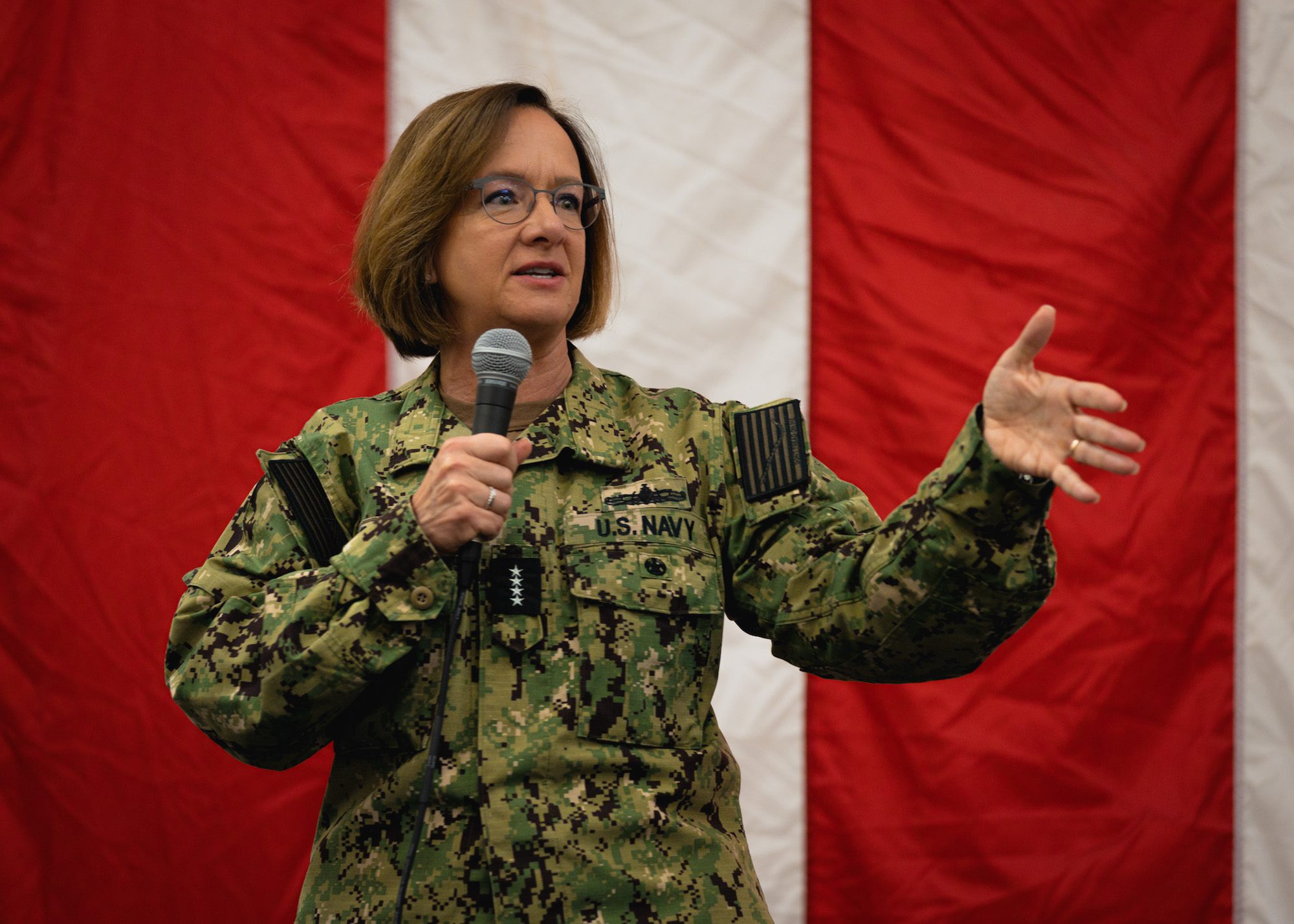 Adm. Lisa Franchetti, Vice Chief of Naval Operations, addresses Sailors questions at an all hands call during a scheduled visit to Naval Station Mayport, Oct. 11, 2023. U.S. Navy Photo