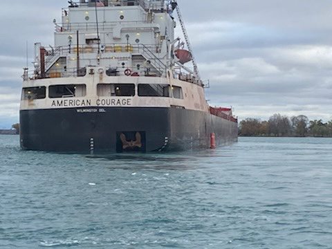 The M/V American Courage aground on the St. Clair River near Marine City, Michigan, November 7, 2023. U.S. Coast Guard