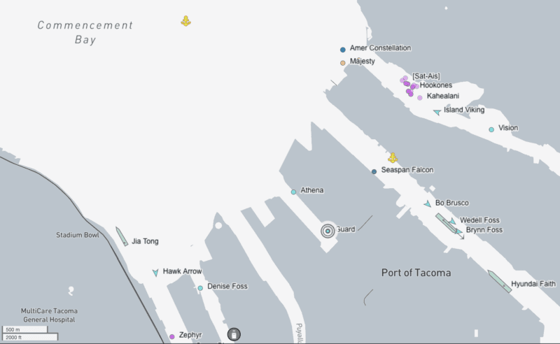 AIS map showing Guard and Athena tugs in the Port of Tacoma. 